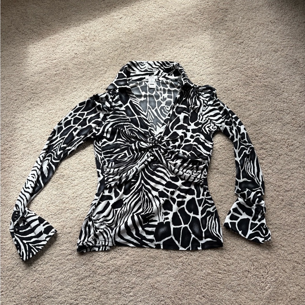 Cache Black and White Zebra Print Twist Front Top